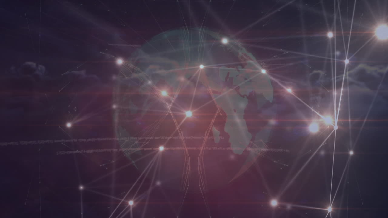 animación de redes de conexiones con iconos y globo sobre el cielo