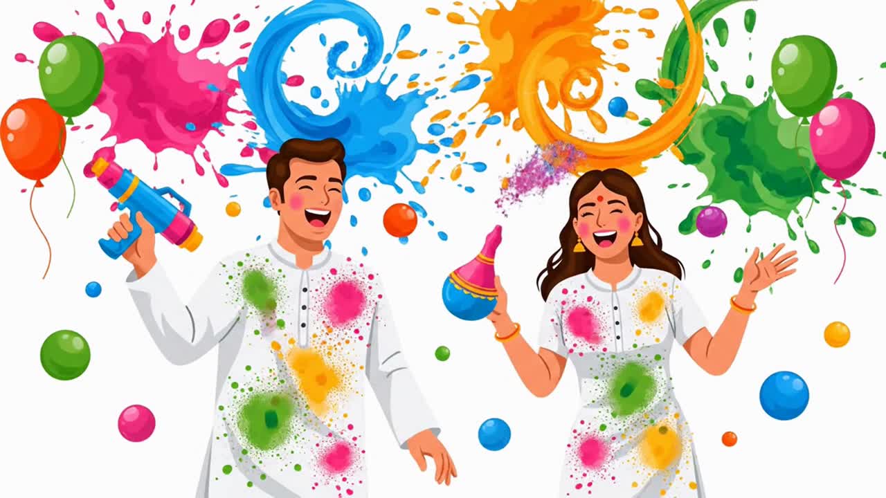 Happy Couple Playing with Colors and Balloons for Holi