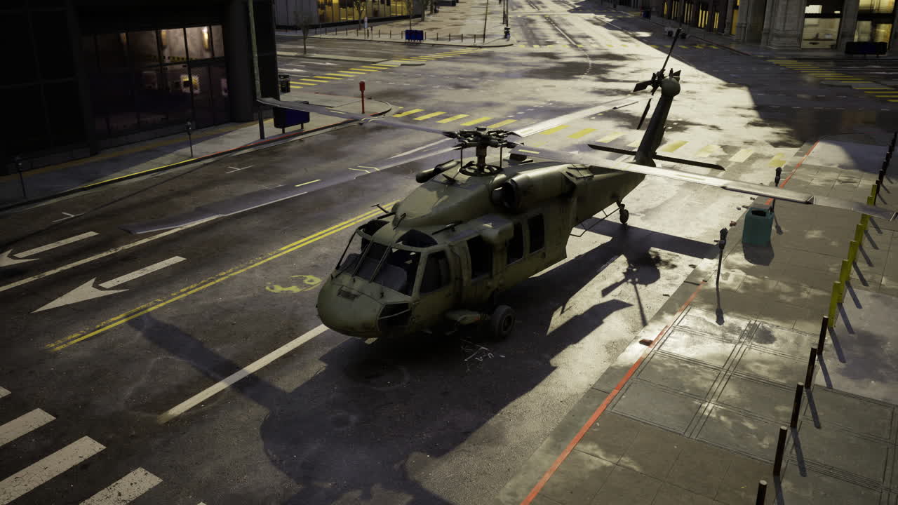 Military helicopter on a city street after rainfall with reflective pavement