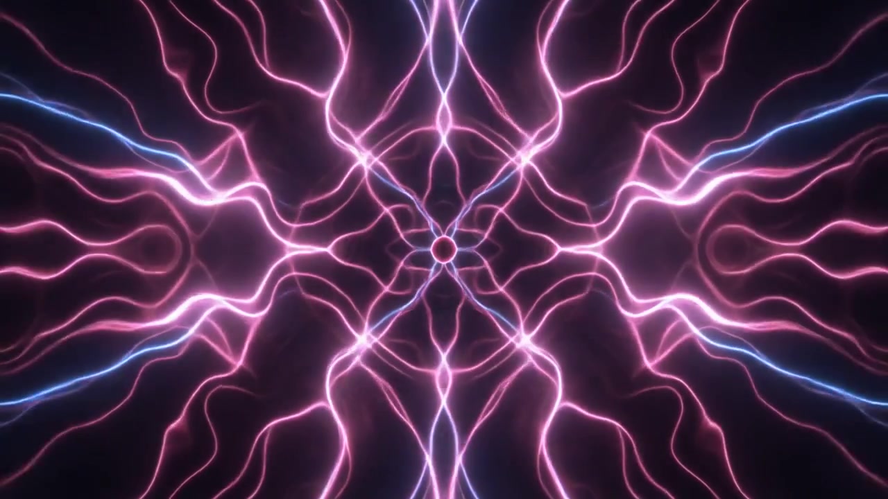 Onde di Luce al Neon Simmetriche Astratte che Pulsano su Sfondo Scuro