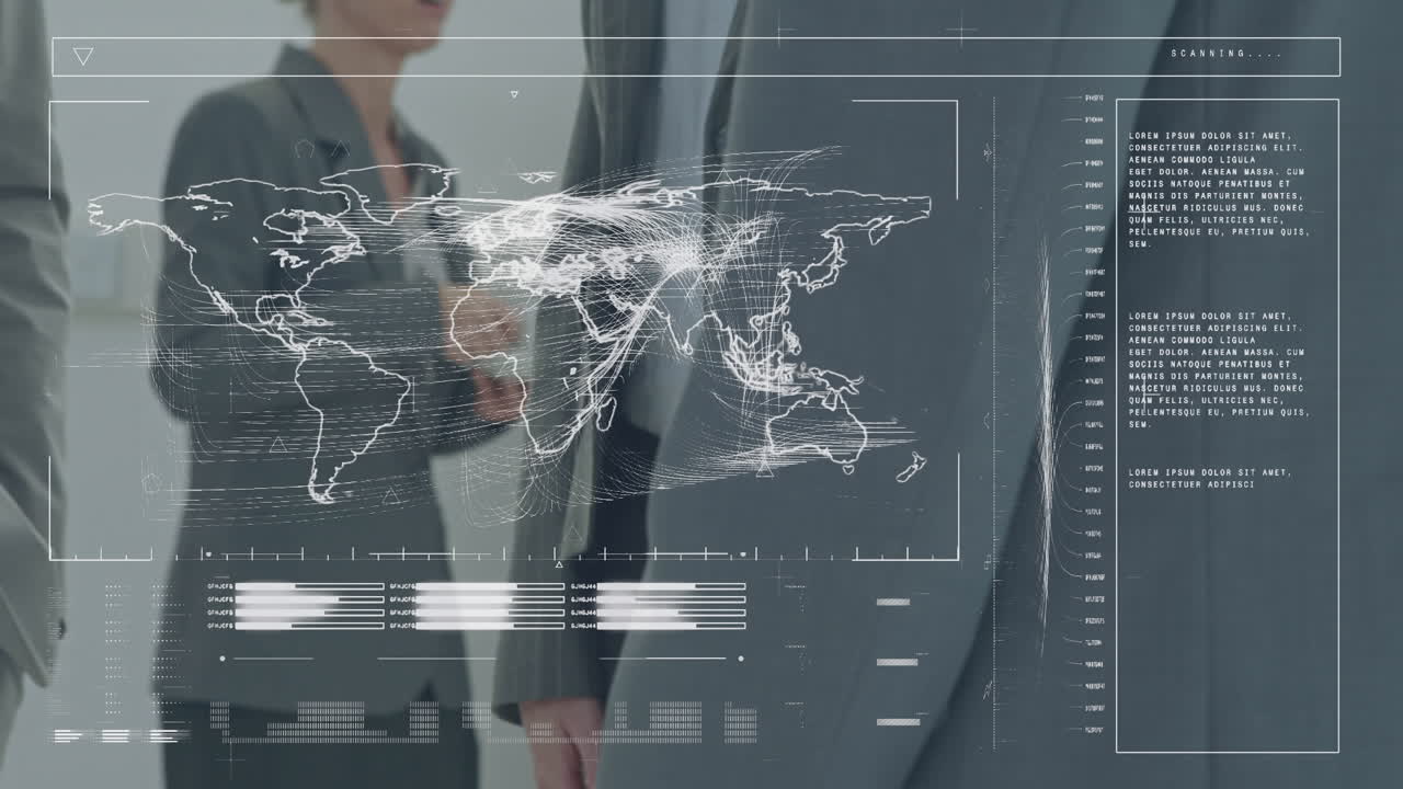 카우카스계 사업가들이 손을 흔들고 있는 금융 데이터 처리 애니메이션