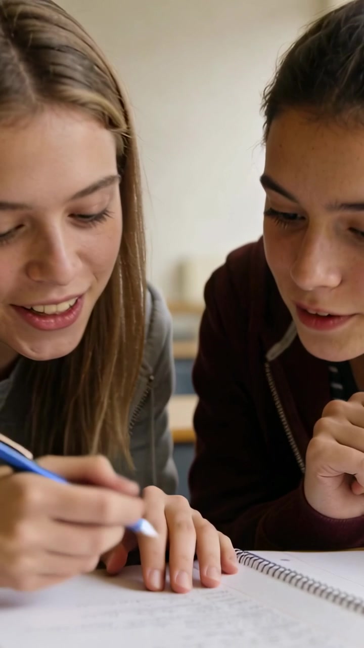 Video verticale: Due studenti adolescenti che aprono un quaderno, si chinano, indicano e studiano in classe con una penna blu.
