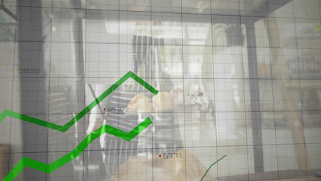 finance chart climbing grid overlay, numeric labels updating, heart icon glowing on tip jar sign