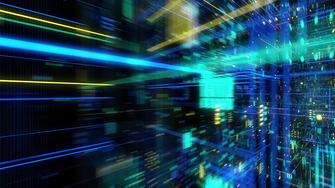 volando a través de datos digitales de hologramas de matriz abstractos tecnológicos.