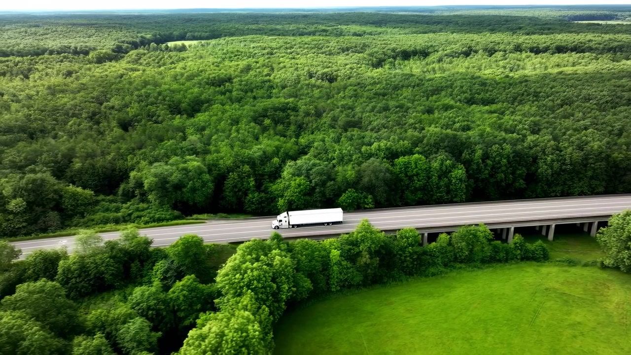 Veduta aerea di camion su autostrada attraverso una fitta foresta verde, semirimorchio bianco che attraversa un'interstatale rurale, lungo