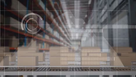 animation of statistics processing over cardboard boxes on conveyor belts in background