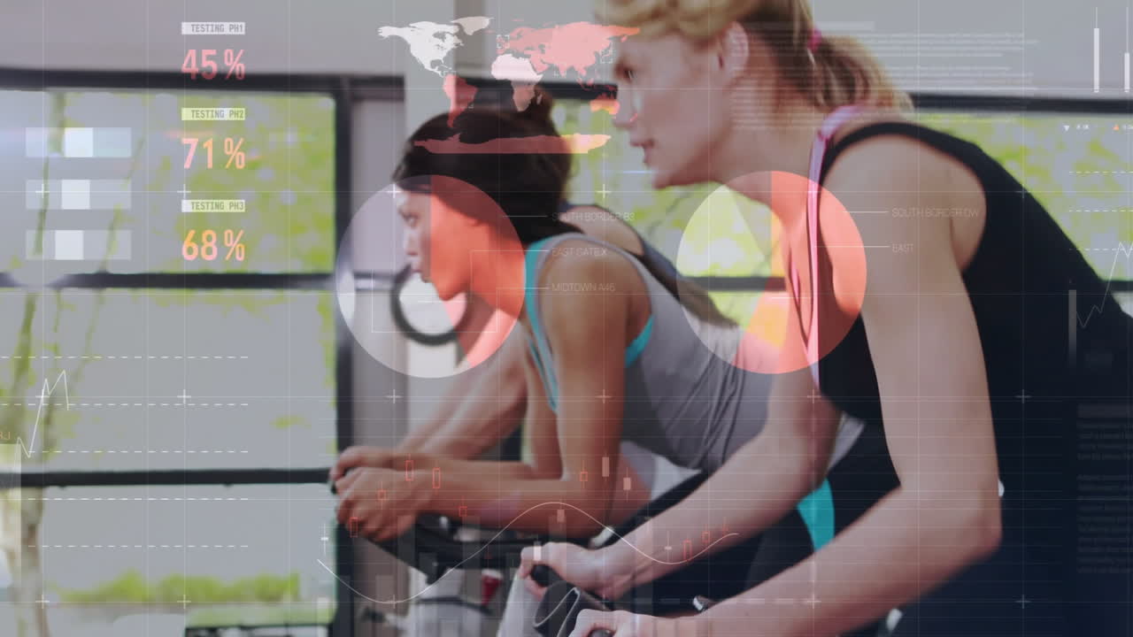 고정 자전거에서 운동하는 여성, 피트니스 데이터 및 글로벌 통계 애니메이션