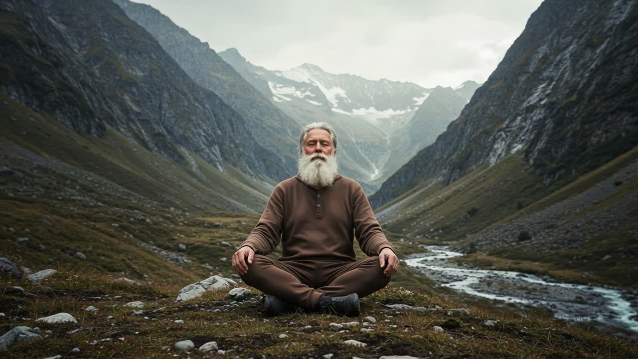 A Serene Elder Meditating in the Majestic Mountains, Emphasizing Peace, Stillness, and Nature's Beauty Amidst a Breathtaking Landscape