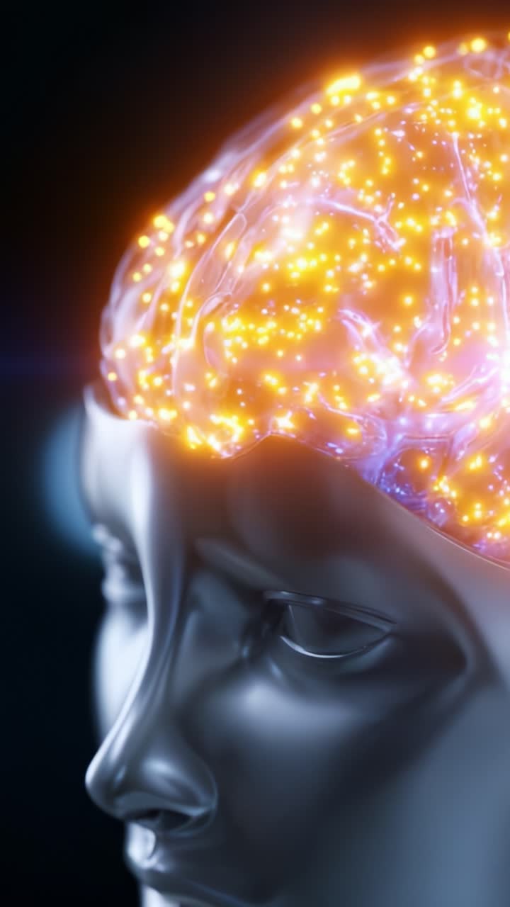 Rappresentazione futuristica del cervello umano con elementi cosmici, che mostra l'attività neurale e l'integrazione tecnologica in un design visivamente sorprendente