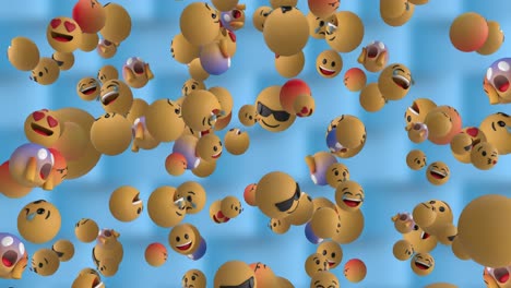 Animation-Von-Social-Media-Emoji-Symbolen,-Die-über-Gemusterten-Blauen-Hintergrund-Fliegen