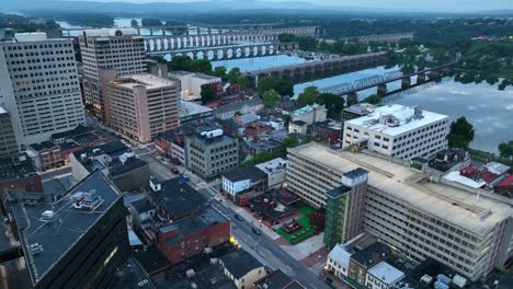 Downtown-Harrisburg-Pennsylvania-aerial-approach-to-Susquehanna-River-bridges