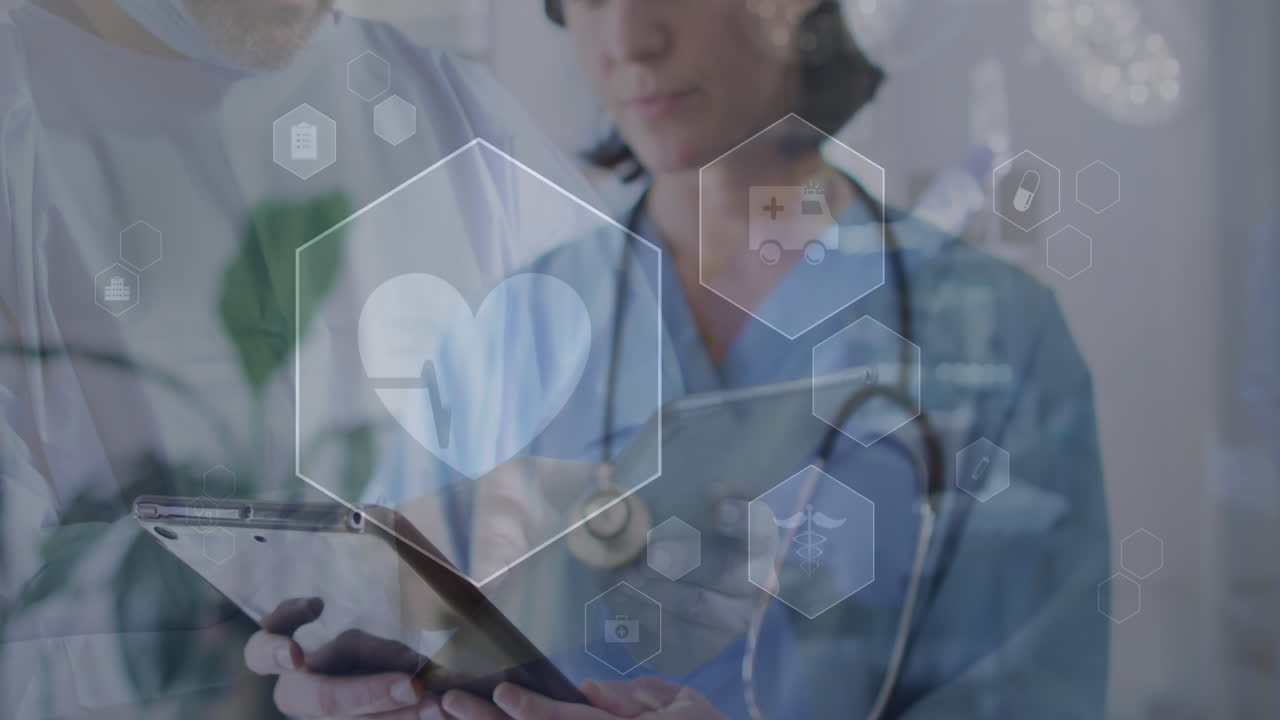 animación de iconos médicos sobre una doctora caucásica