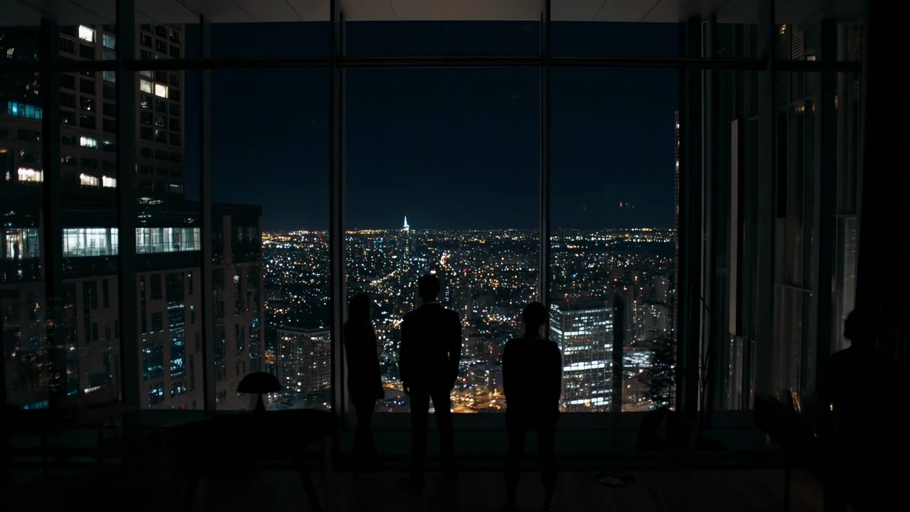 Tres adultos silueteados de pie dentro de un interior moderno y elevado, frente a un amplio ventanal de suelo a techo que revela un denso horizonte urbano iluminado, altas torres, reflejos y la profunda noche.