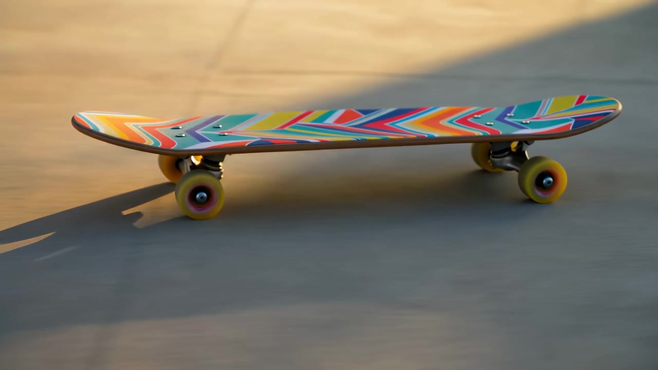 Tampilan sudut rendah skateboard warna-warni di atas beton cokelat muda halus saat bayangan roda yang bergeser meluncur di permukaan di bawah sinar matahari hangat, menyoroti grafis chevron yang berani, warna pastel, truk metalik, dan