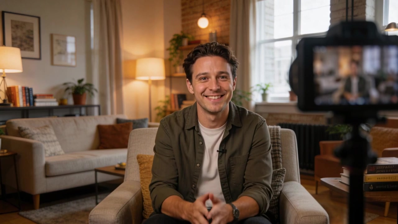 La telecamera avvia la registrazione di un uomo che parla su una poltrona da studio, sorridendo e ridendo, con un microfono lavalier.
