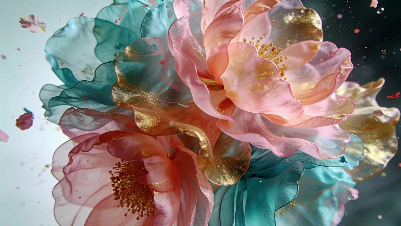 Camera zooming centered floral cluster in studio, revealing peach coral teal petals and gold sheen