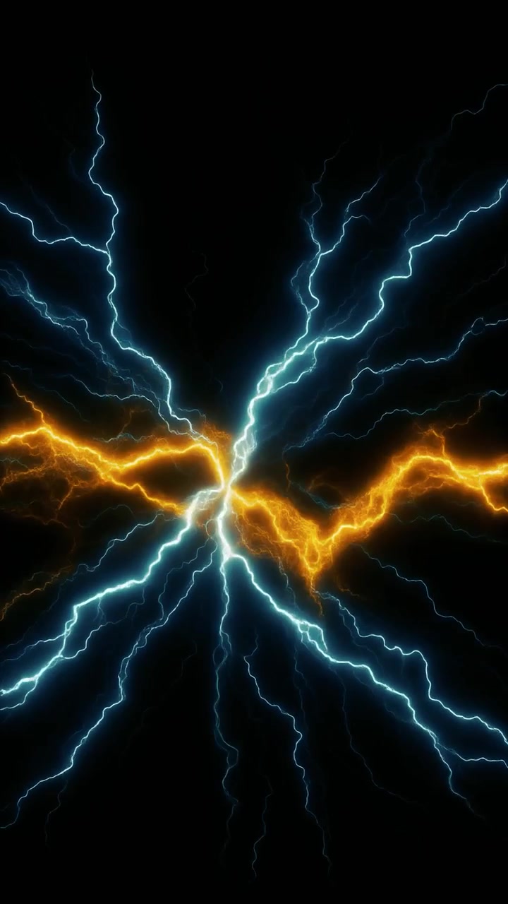 Abstract Blue and Orange Lightning Bolts Colliding on Black Background