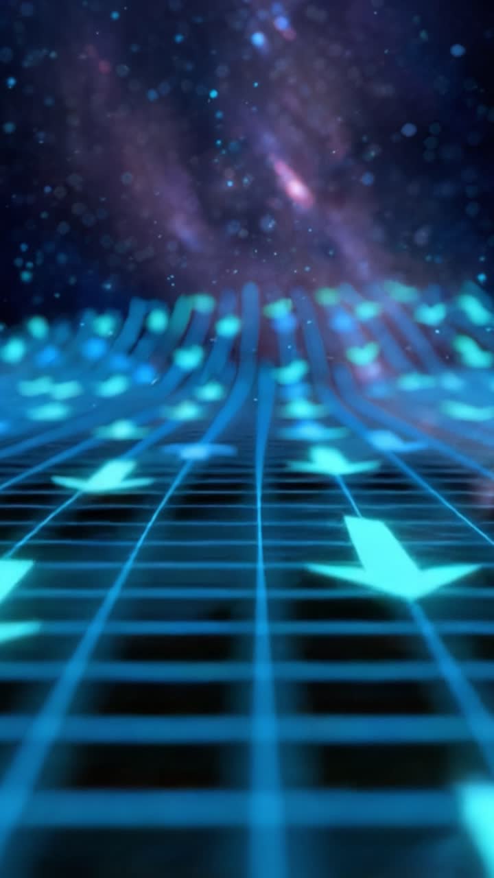 Un paesaggio digitale accattivante con onde blu fluide ed elementi scintillanti, ambientato su uno sfondo cosmico, che evoca un senso di profondità e movimento.