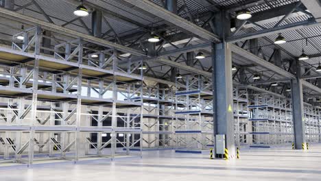 empty shelves in modern storehouse 3d animation render