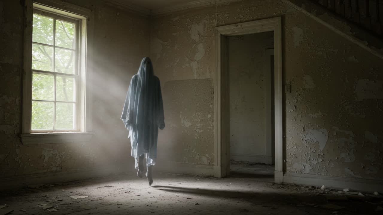 Ethereal Figure in Abandoned Room, Bathed in Light, Portraying an Otherworldly Presence Amidst Dust and Decay, Evoking a Haunting Atmosphere of Mystery and Intrigue