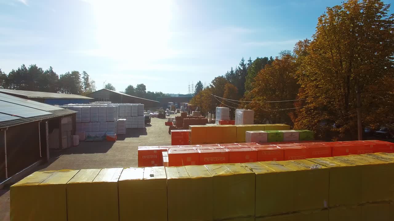 Construction Materials Warehouse. Aerial view of industrial building material