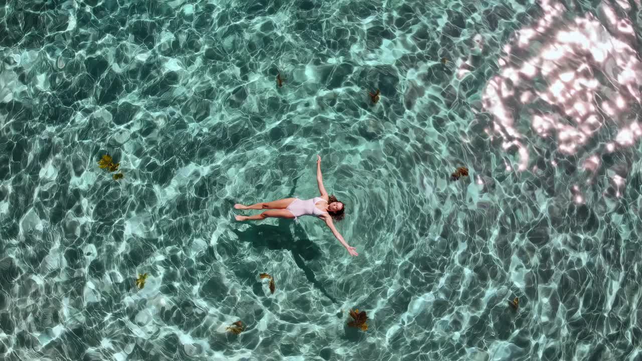Aerial view of a woman floating in clear water, surrounded by gentle ripples