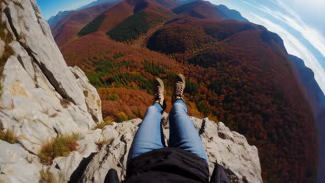 first-person view of legs dangling over a scenic autumn mountain cliff