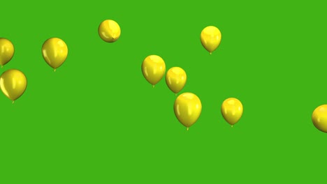 yellow balloons flying from bottom to top,isolated on green screen background 4k