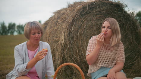 young lady in net top savoring her crunchy pastry while her friend enjoys hers, seated on grass in an open field with a hay bale in the background, enjoying a peaceful outdoor moment