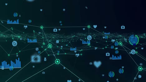 Animation-of-network-of-connections-with-icons-on-black-background