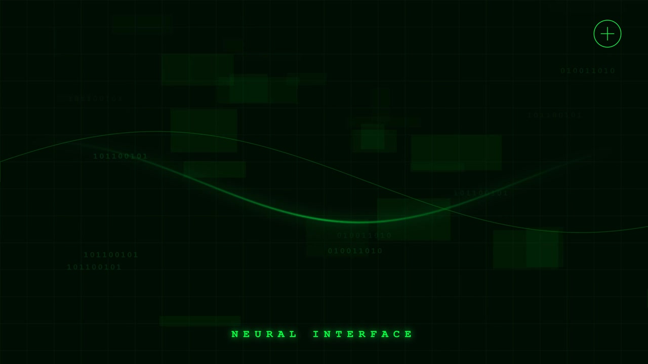 Digital Neural Interface HUD with Green Data Flow and Binary Code