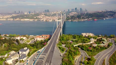 15 july martyrs bridge also known as bogazici bridge from istanbul turkiye aerial view with drone.