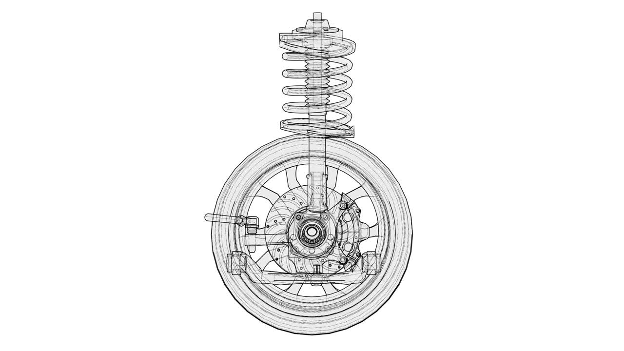 바 타이어와 충격 흡수기를 가진 자동차 서스펜션의 애니메이션