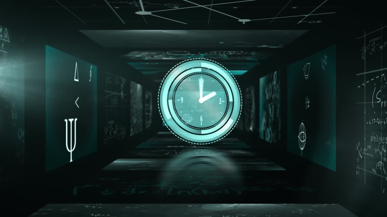 animación de un clic y símbolos matemáticos en las paredes negras