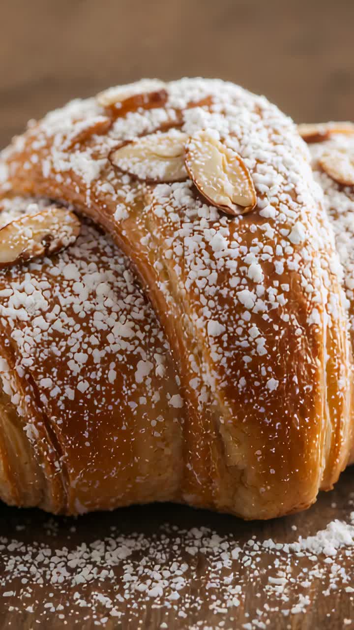 Vertical video: Receiving falling sugar, almond croissant gaining dust on board, almond flakes