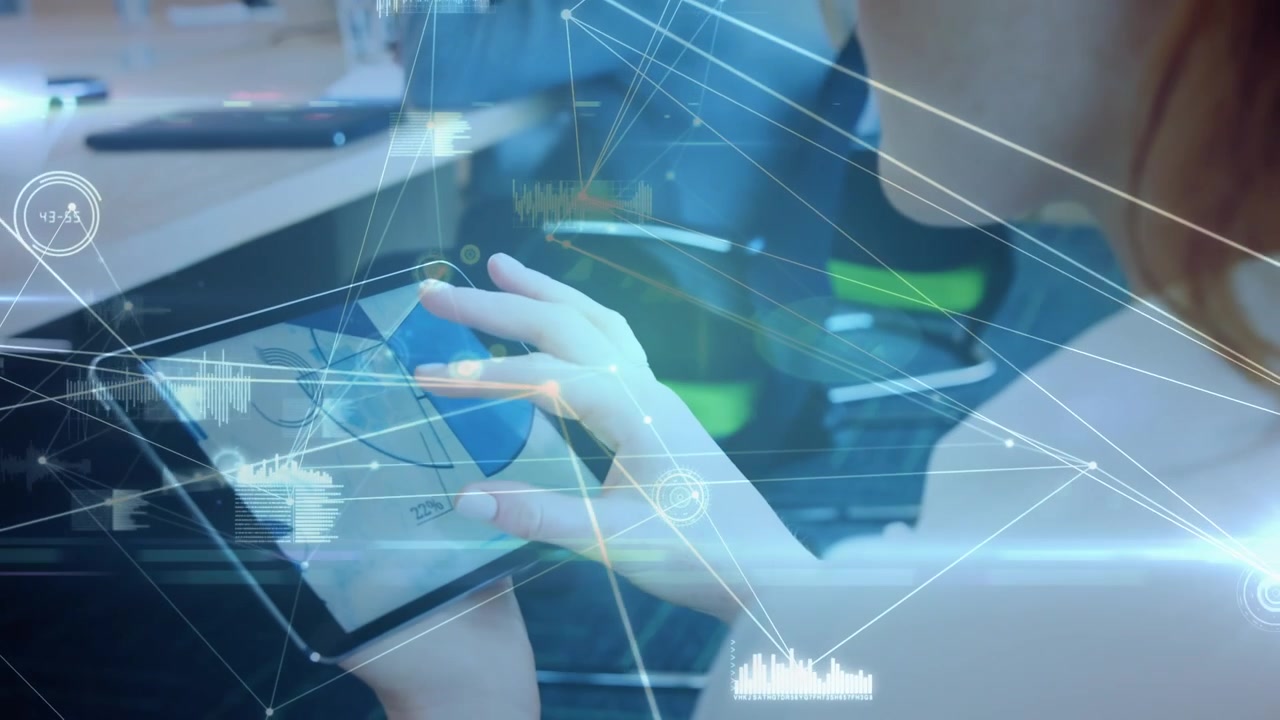 Animation of network of connections over caucasian woman using table in office