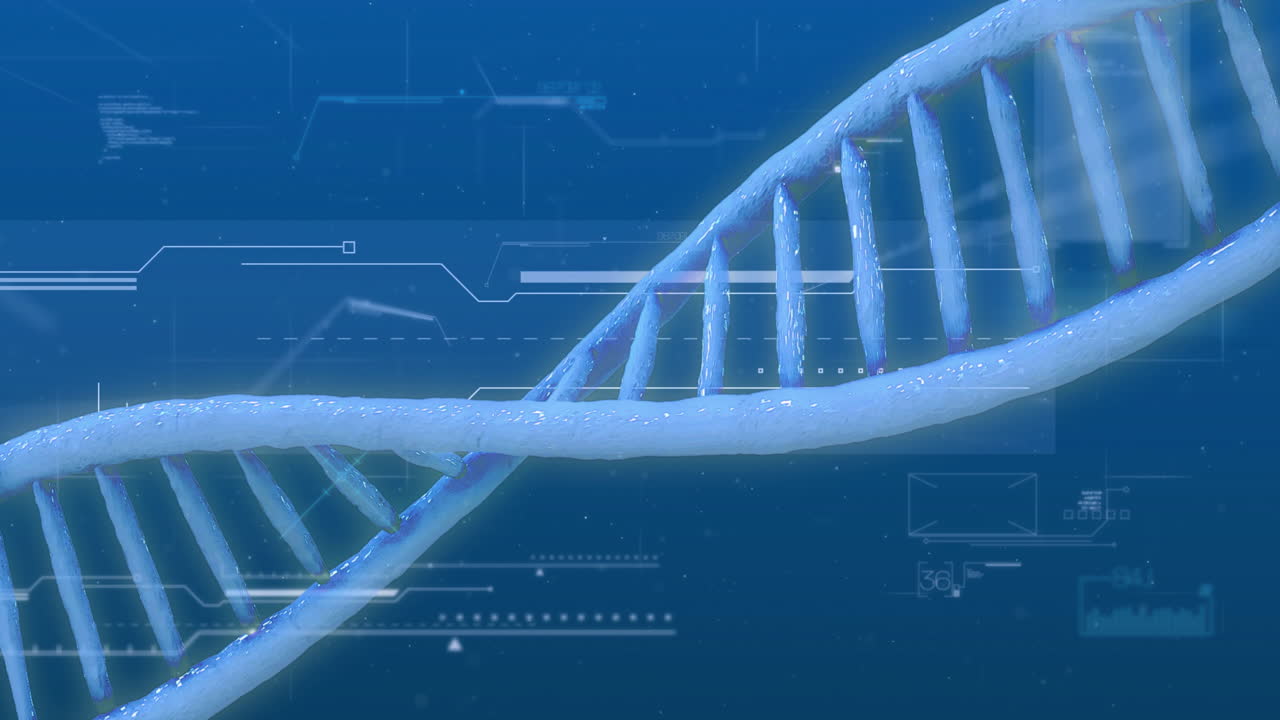 Animation of dna strand over data processing on blue background
