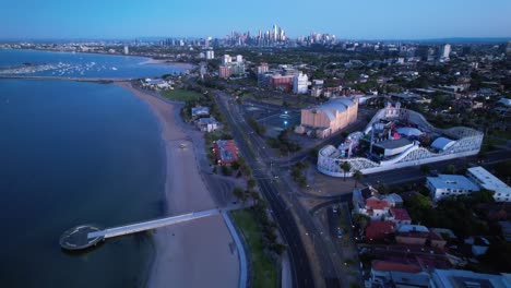 St-klida,-Luna-Park,-the-coastline-of-Port-Phillip-Bay-aerial,-Australia