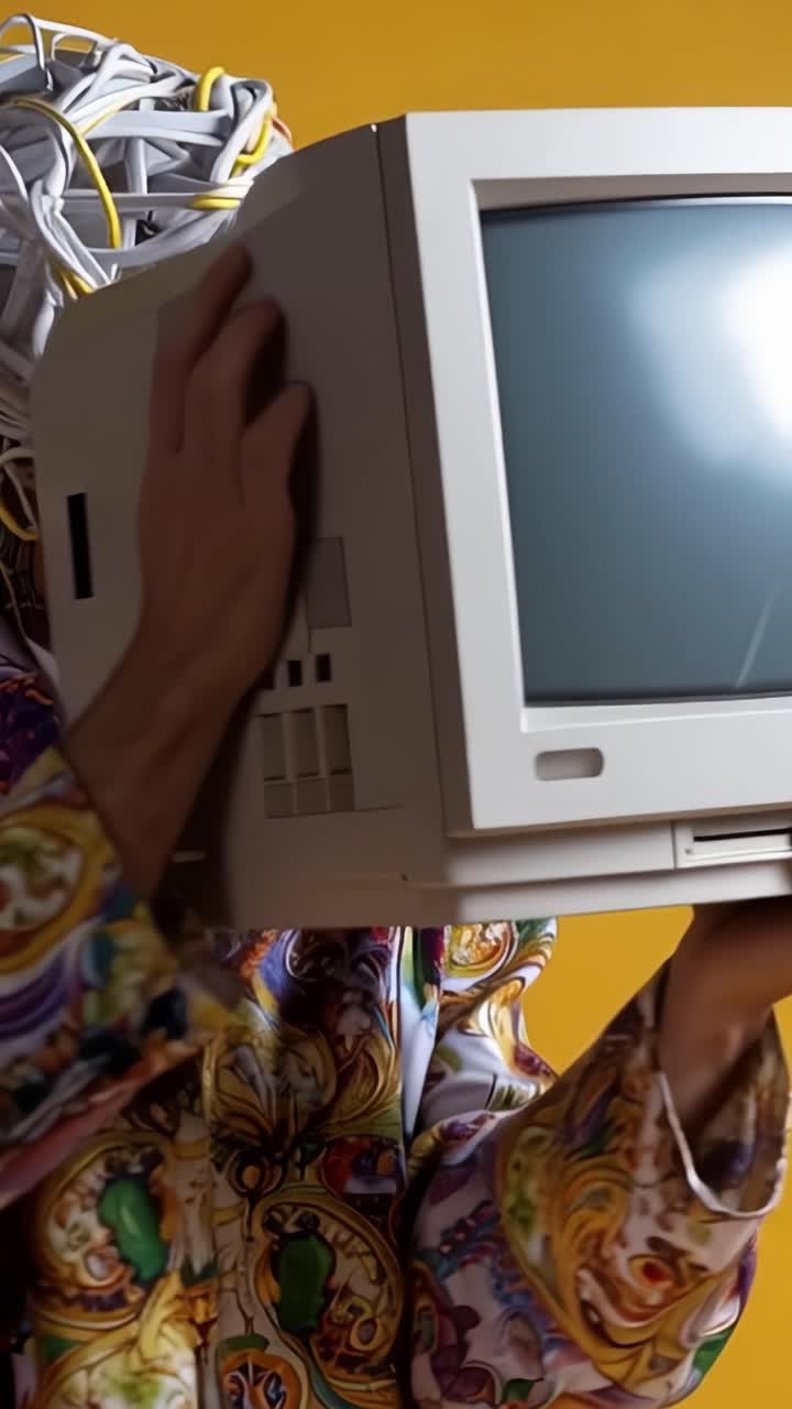 A Creative Encounter with Vintage Technology: An Individual Holding an Old Computer Surrounded by Colorful Cables, Blending Retro Style with Modern Artistry