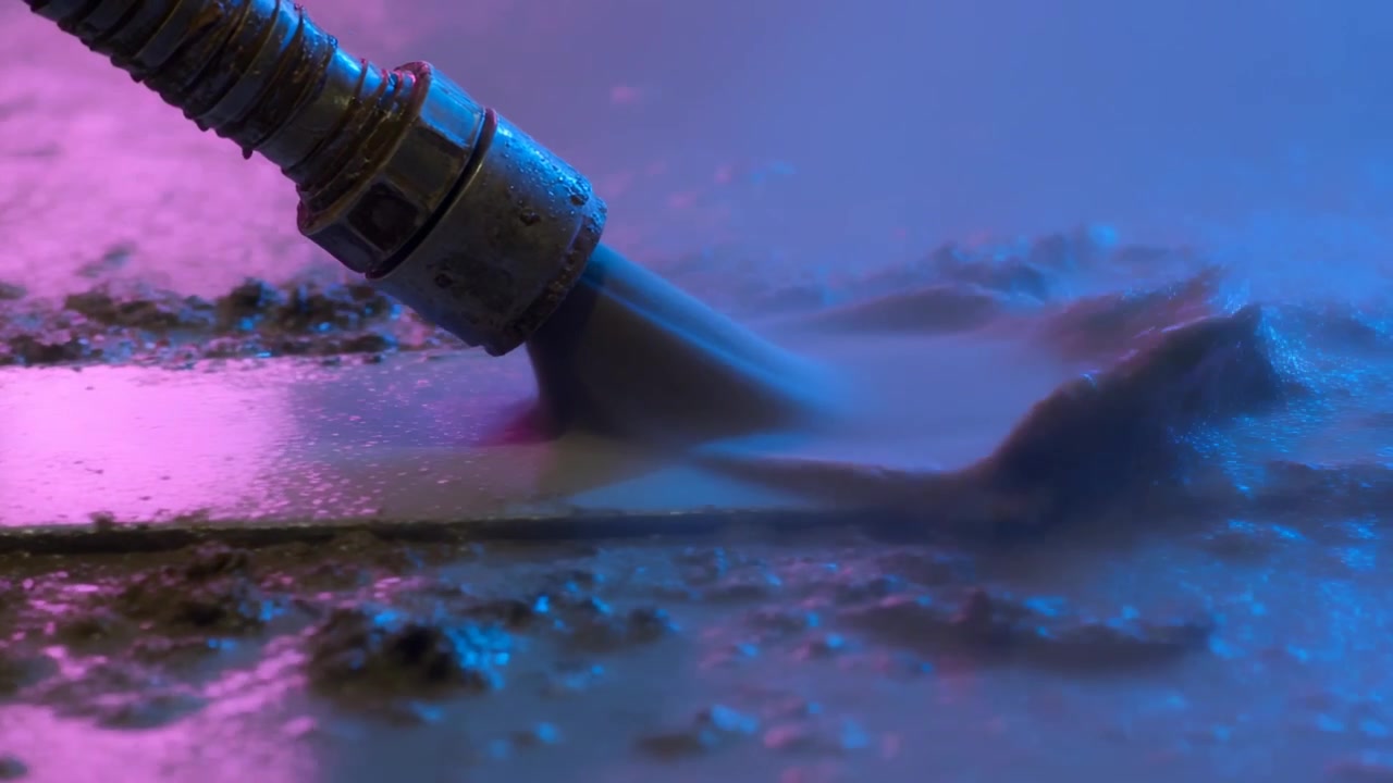 Ugello metallico a pressione e tubo corrugato che spruzzano il pavimento dell'officina, rimuovendo detriti, con luci magenta e ciano.