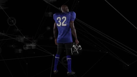 animación de la red de conexiones sobre el jugador de fútbol americano en fondo negro