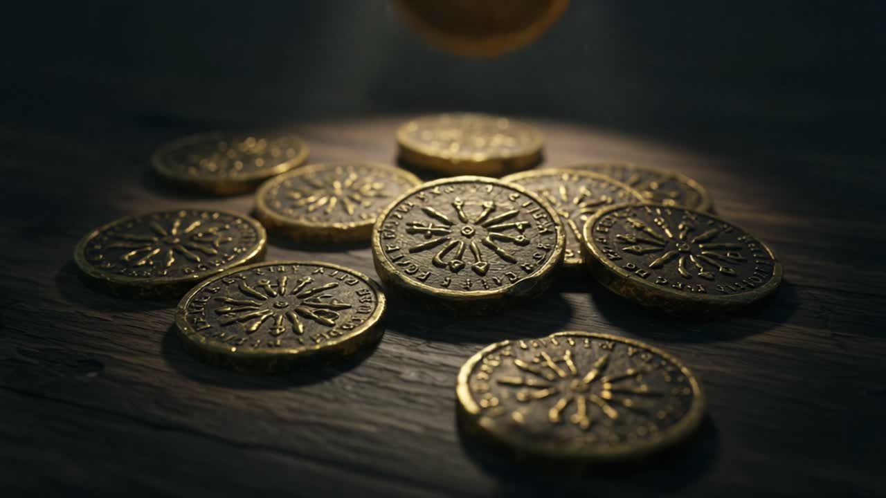 Una collezione scintillante di monete antiche illuminate da una luce soffusa, che ne esalta i design intricati e il ricco colore dorato su una superficie di legno