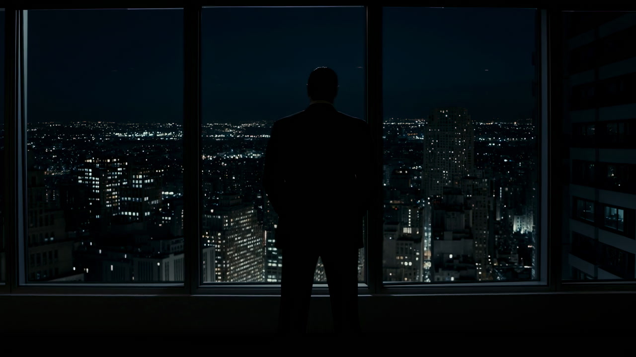 Silhouetted Executive Overlooks Night City Skyline Highrise Office Window Frames Distant Lights