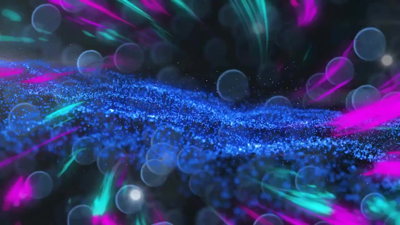 Neonové pruhy proudí do modré vlny částic, mění se, pulzují a rozptylují se pro digitální ukázku.
