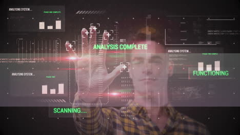 interacting with animation, man using futuristic digital interface displaying data analysis