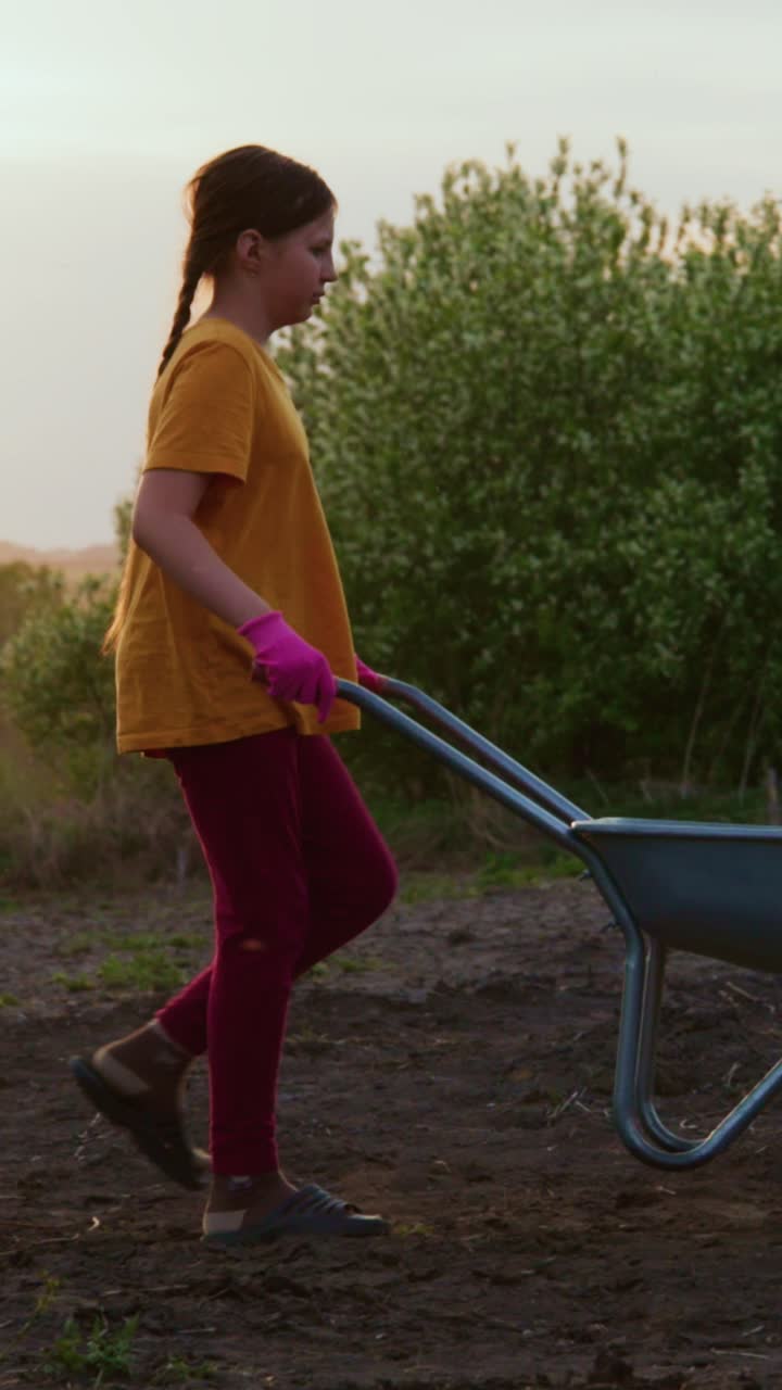 Young girl pushes a wheelbarrow across a dirt field. She wears a yellow t-shirt and pink gloves. Her hair is braided, and she walks with focused determination. The sun casts a warm glow over the scene