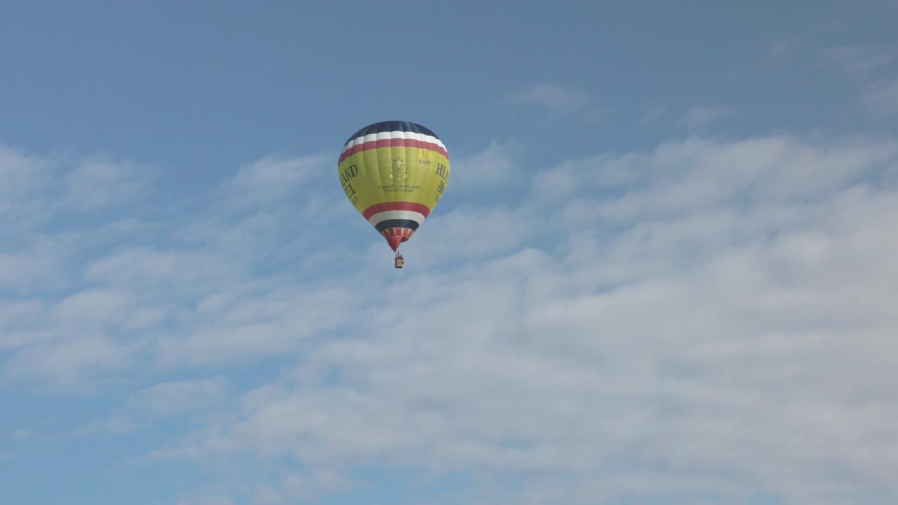 tracking shot of the Headlands Hotel hot air balloon flying over Newquay