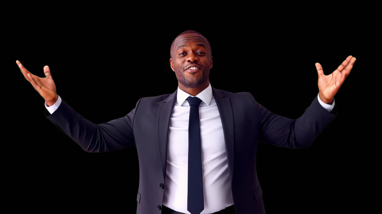 Confident businessman presenting success animation isolated asset, transparent 4K video, alpha