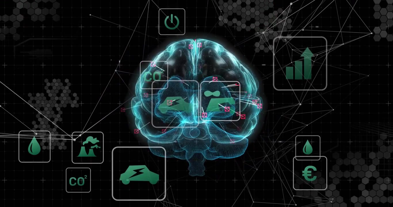 Illuminating nodes activating rotating brain, icons fading and connecting signals into integration