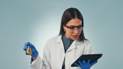 Doctor,-tablet-and-reaction-with-a-science-woman